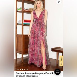 Garden Romance Magenta Floral Print Organza Maxi Dress